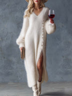 Comfortable Lazy Exquisite V-neck Metal Button White Imitation Rabbit Fur Knitted Side Slit Midi Dress