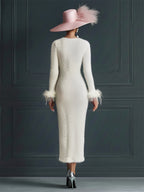 White Mohair V-neck Button Imitation Ostrich Feather Midi Dress