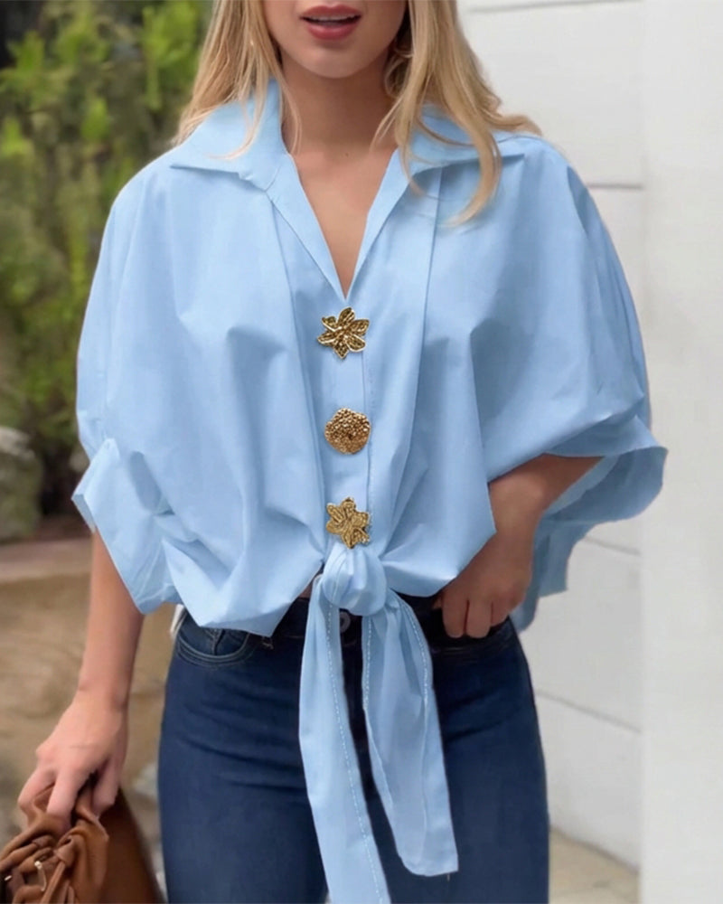 Vintage Palace Style Turn-down Collar Batwing Sleeve Golden Floral Button Front Blouse Casual Knot Front Loose Fit Top