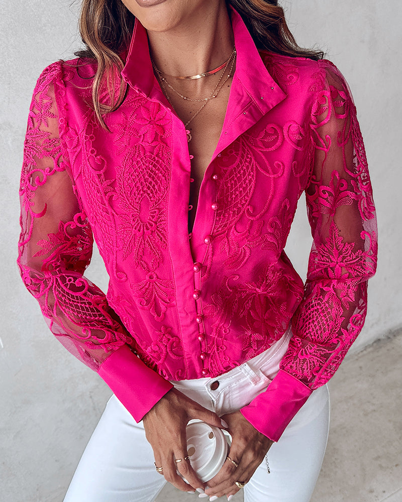 Pearls Decor Buttoned Lace Top