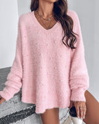 V Neck Long Sleeve Beaded Decor Oversized Sweater Fluffy Pullover Top