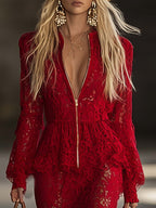 Fashion Western Long Sleeve Zipper V Neck Hem Ruffle Red Lace Maxi Dress