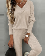 2 Pieces Outfit Button Decor V-Neck Long Sleeve Top and Elastic Waist Straight Leg Pants Set Casual Ribbed Set