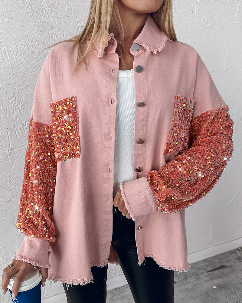 Casual Jacket Sequin Patchwork Long Sleeve Jacket Top Button Front Raw Hem Oversized Denim Shacket