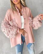 Sequin Decor Turn-down Collar Button Front Pockets Design Denim Coat Casual Fuzzy Spliced Raw Trim Shacket