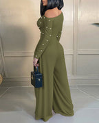Pearls Decor Skew Neck Long Sleeve Cinched Waist Overalls Casual Ruched Zipper Back Wide Leg Jumpsuit