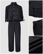 2 Pieces Outfit Turn-down Collar Turn-Up Sleeves Button Front Flap Pockets Design Top and Causal Zipper Fly Elastic Back Waist Wide Leg Pants Set