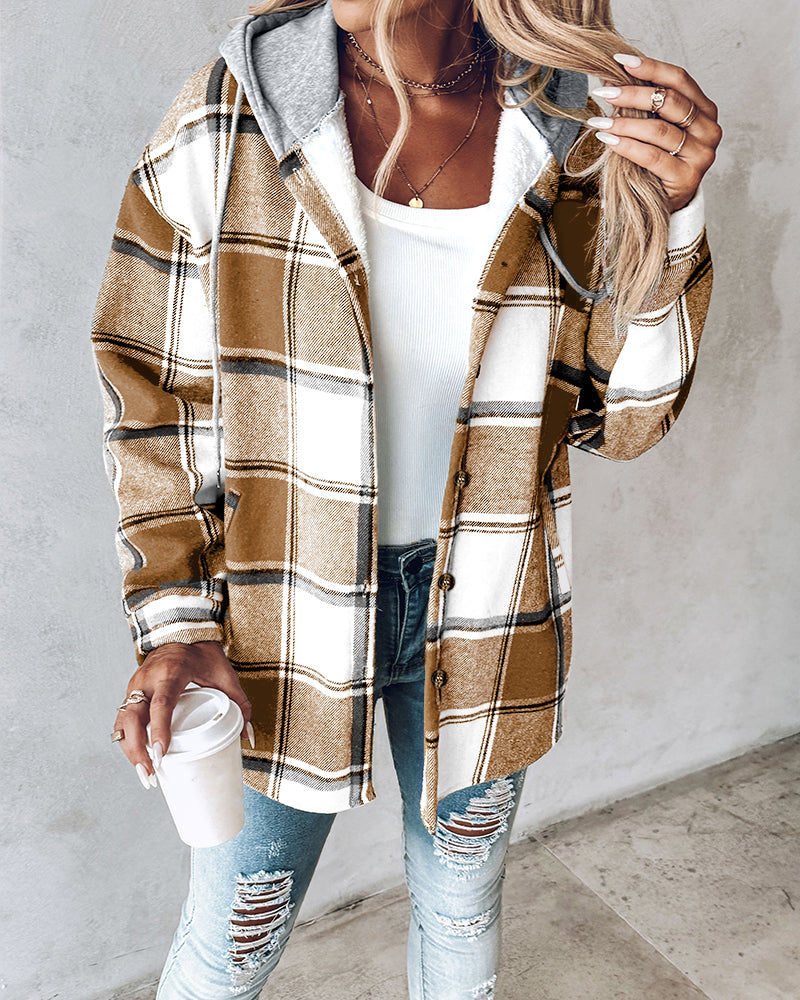 Plaid Pattern Long Sleeve Shacket Button Down Fleece Lined Hooded Jackets Warm Coat