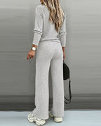 2 Pieces Outfit Button Decor V-Neck Long Sleeve Top and Elastic Waist Straight Leg Pants Set Casual Ribbed Set