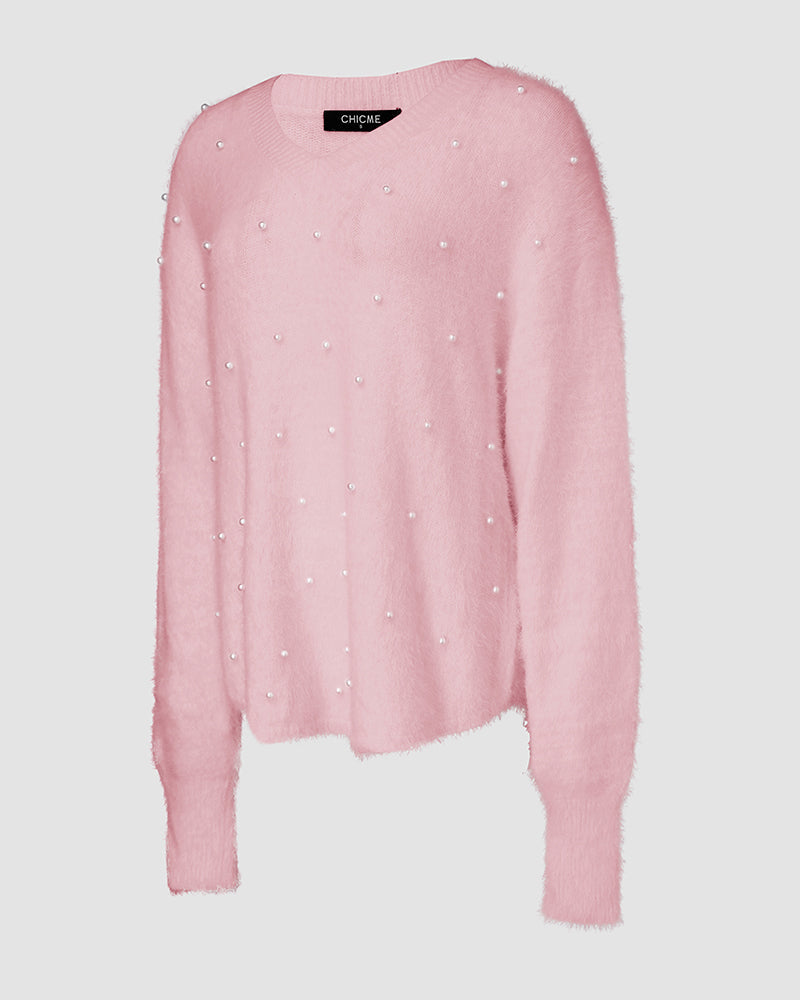 V Neck Long Sleeve Beaded Decor Oversized Sweater Fluffy Pullover Top