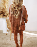 Round Neck Long Sleeve Drop Shoulder Pullover Sweater Casual Loose Fit Cable Knit Mid Length Sweater