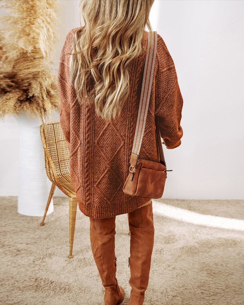 Round Neck Long Sleeve Drop Shoulder Pullover Sweater Casual Loose Fit Cable Knit Mid Length Sweater