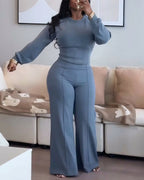 2 Pieces Outfit O-neck Long Sleeve Cinched Waist Sweatshirt and Elastic Waist Wide Leg Pants Set Casual Seam Design Sweatpants Set
