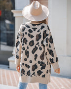 Leopard Pattern Longline Knit Cardigan Open Front Sweater