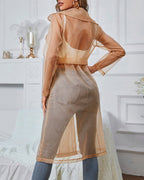 Notched Collar Long Sleeve Double Breasted Sheer Mesh Jacket Casual Longline Trench Coat with Belt