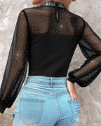 Rhinestone Decor Mock Neck Lantern Sleeve Sheer Mesh Spliced Tee Hollow-out Back Slim Fit Top