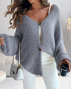 V-Neck Single Breasted Fuzzy Cardigan Casual Minimalist Sweater Coat