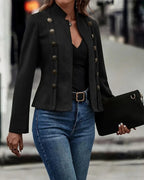 Faux Suede Stand Collar Jacket Open Front Button Decor Casual Coat