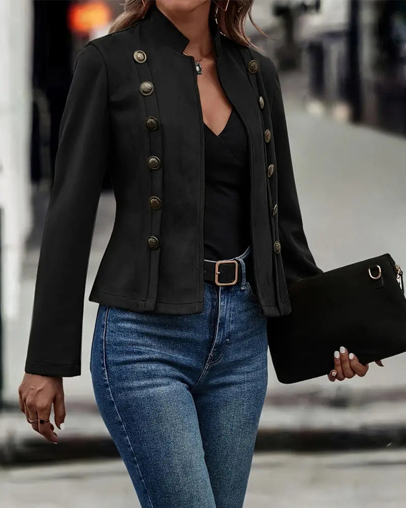 Faux Suede Stand Collar Jacket Open Front Button Decor Casual Coat