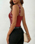 Rhinestone Decor Square Neck Thick Strap Backless Slim Fit Tank Top