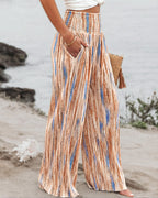 Tie Dye Print High Wait Elastic Waist Pleated Wide Leg Pants