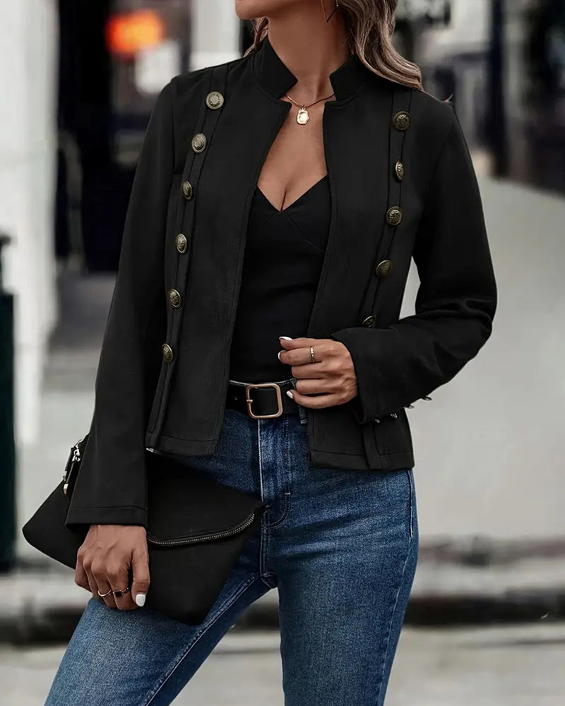 Faux Suede Stand Collar Jacket Open Front Button Decor Casual Coat
