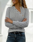 Button Decor Asymmetrical V-Neck Long Sleeve Ribbed Tee Casual Knit Brushed Top