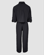 2 Pieces Outfit Turn-down Collar Turn-Up Sleeves Button Front Flap Pockets Design Top and Causal Zipper Fly Elastic Back Waist Wide Leg Pants Set