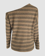 Striped Pattern Skew Neck Button Decor Sweater Casual Drop Shoulder Waffle Knit Top