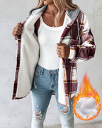 Plaid Pattern Long Sleeve Shacket Button Down Fleece Lined Hooded Jackets Warm Coat