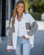 Casual Jacket Sequin Patchwork Long Sleeve Jacket Top Button Front Raw Hem Oversized Denim Shacket