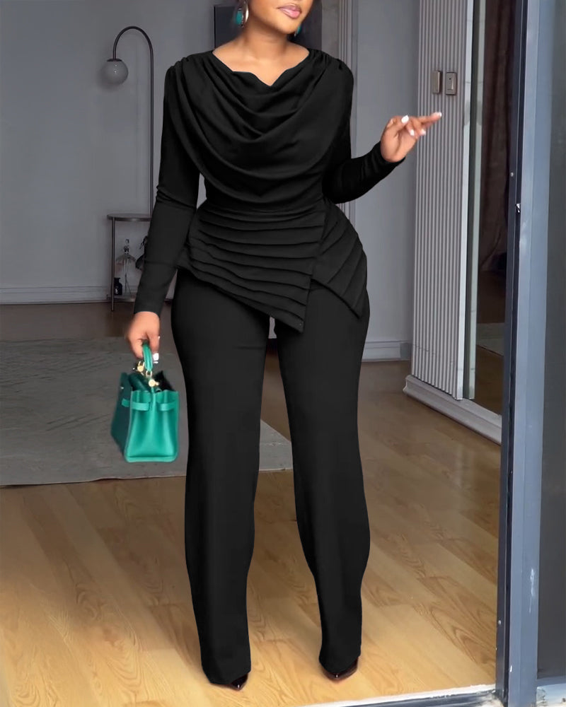 Cowl Neck Asymmetrical Textured Patchwork Cinched Waist Jumpsuit Casual Zipper Back Wide Leg Jumpsuit