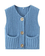 V-Neck Sleeveless Button Front Knit Vest Casual Loose Fit Sweater Top with Pockets