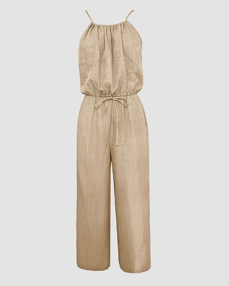 Womens Spaghetti Strap Drawstring Tied Waist Jumpsuit Casual Overalls