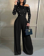 Pearls Decor Skew Neck Long Sleeve Cinched Waist Overalls Casual Ruched Zipper Back Wide Leg Jumpsuit