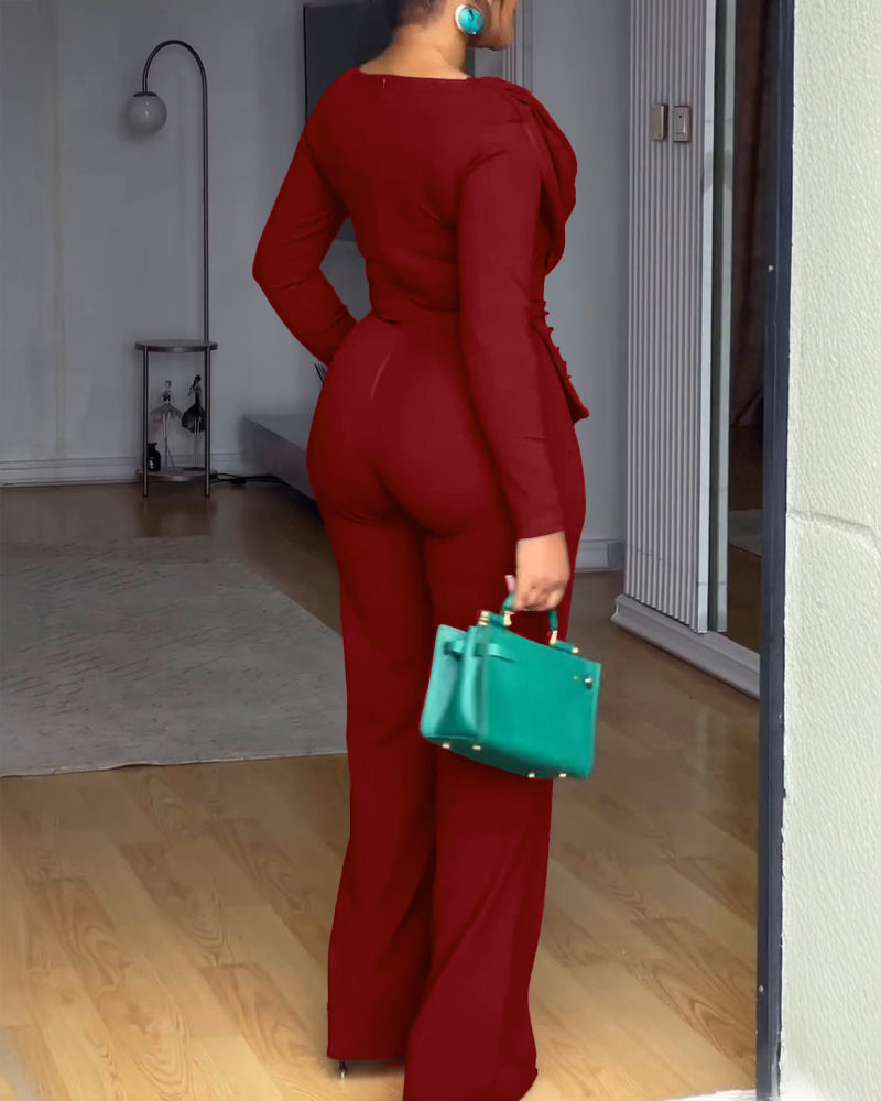 Cowl Neck Asymmetrical Textured Patchwork Cinched Waist Jumpsuit Casual Zipper Back Wide Leg Jumpsuit