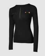 Crewneck Half Zipper Flap Detail Knit Sweater Long Sleeve Slim Fit Ribbed Pullover Top