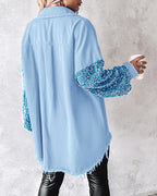 Casual Jacket Sequin Patchwork Long Sleeve Jacket Top Button Front Raw Hem Oversized Denim Shacket