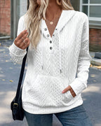 Long Sleeve Half Snap Buttons Front Drawstring Hoodie Sweatshirt Casual Kangaroo Pocket Drop Shoulder Cable Textured Top