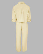 2 Pieces Outfit Turn-down Collar Turn-Up Sleeves Button Front Flap Pockets Design Top and Causal Zipper Fly Elastic Back Waist Wide Leg Pants Set
