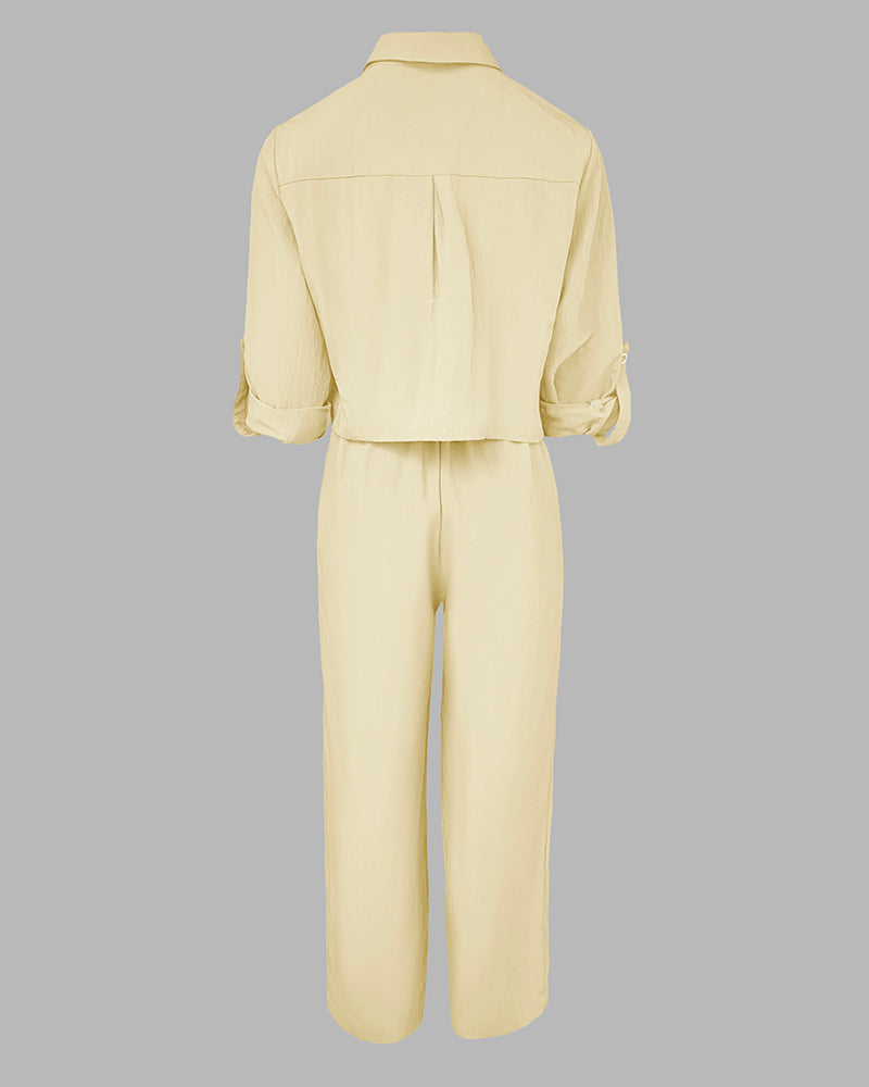 2 Pieces Outfit Turn-down Collar Turn-Up Sleeves Button Front Flap Pockets Design Top and Causal Zipper Fly Elastic Back Waist Wide Leg Pants Set