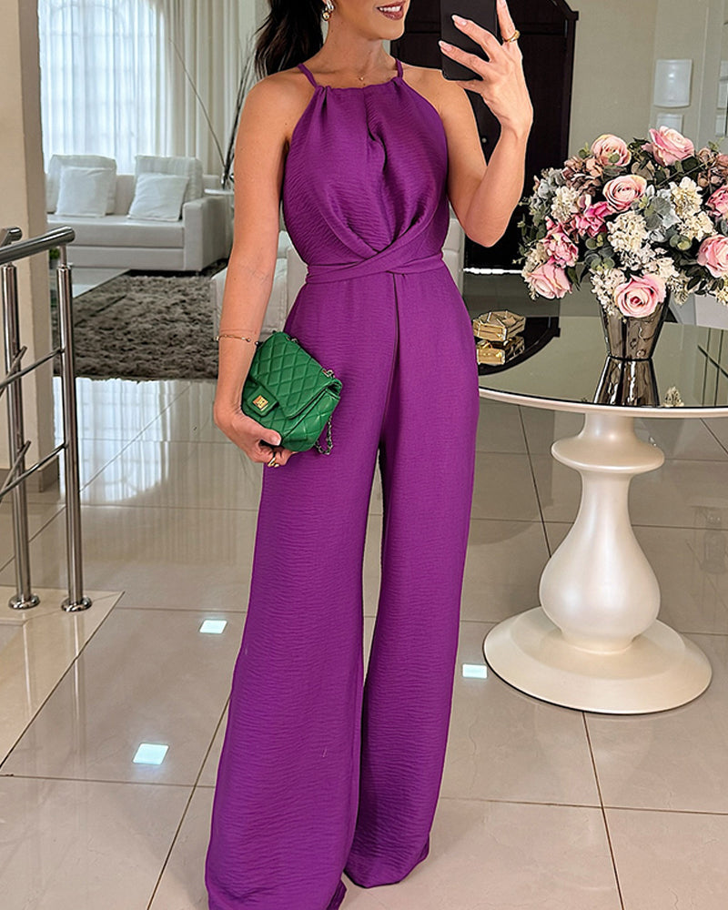 Halter Sleeveless Lace-up Jumpsuit Casual Waist Ruched Loose Fit Romper