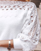 Crewneck Guipure Lace Long Sleeve Hollow Out Knit Sweaters Pullover Tops