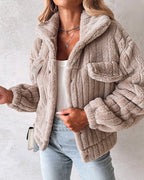 Textured Striped Turn-down Collar Button Front Elastic Cuff and Hem Teddy Fleece Jacket With Decorative Flap Pockets