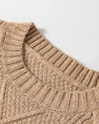 Round Neck Long Sleeve Drop Shoulder Pullover Sweater Casual Loose Fit Cable Knit Mid Length Sweater