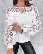 Crewneck Guipure Lace Long Sleeve Hollow Out Knit Sweaters Pullover Tops