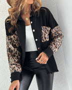 Contrast Leopard Sequin Patchwork Long Sleeve Jacket Top Button Front Raw Hem Shacket