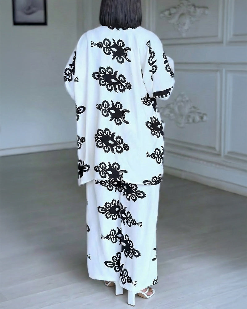 2 Pieces Outfit Open Front Long Sleeve Coat and Drawstring Elastic Waist Wide Leg Pants Set Casual Vintage Baroque Print Loose Fit Set without Tank Top