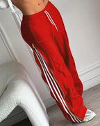 Contrast Side Striped & Zipper Slit Side Drawstring Elastic Waist Trousers Casual Wide Leg Pants