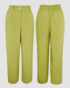 2 Pieces Outfit Turn-down Collar Turn-Up Sleeves Button Front Flap Pockets Design Top and Causal Zipper Fly Elastic Back Waist Wide Leg Pants Set